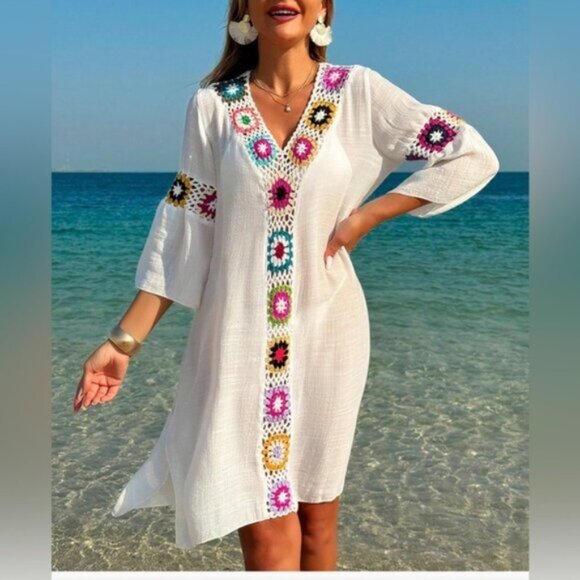 V-Neck 3/4 Sleeve Multi Color Floral Crochet Bathing Suit Cover Up White - Picture 1 of 9